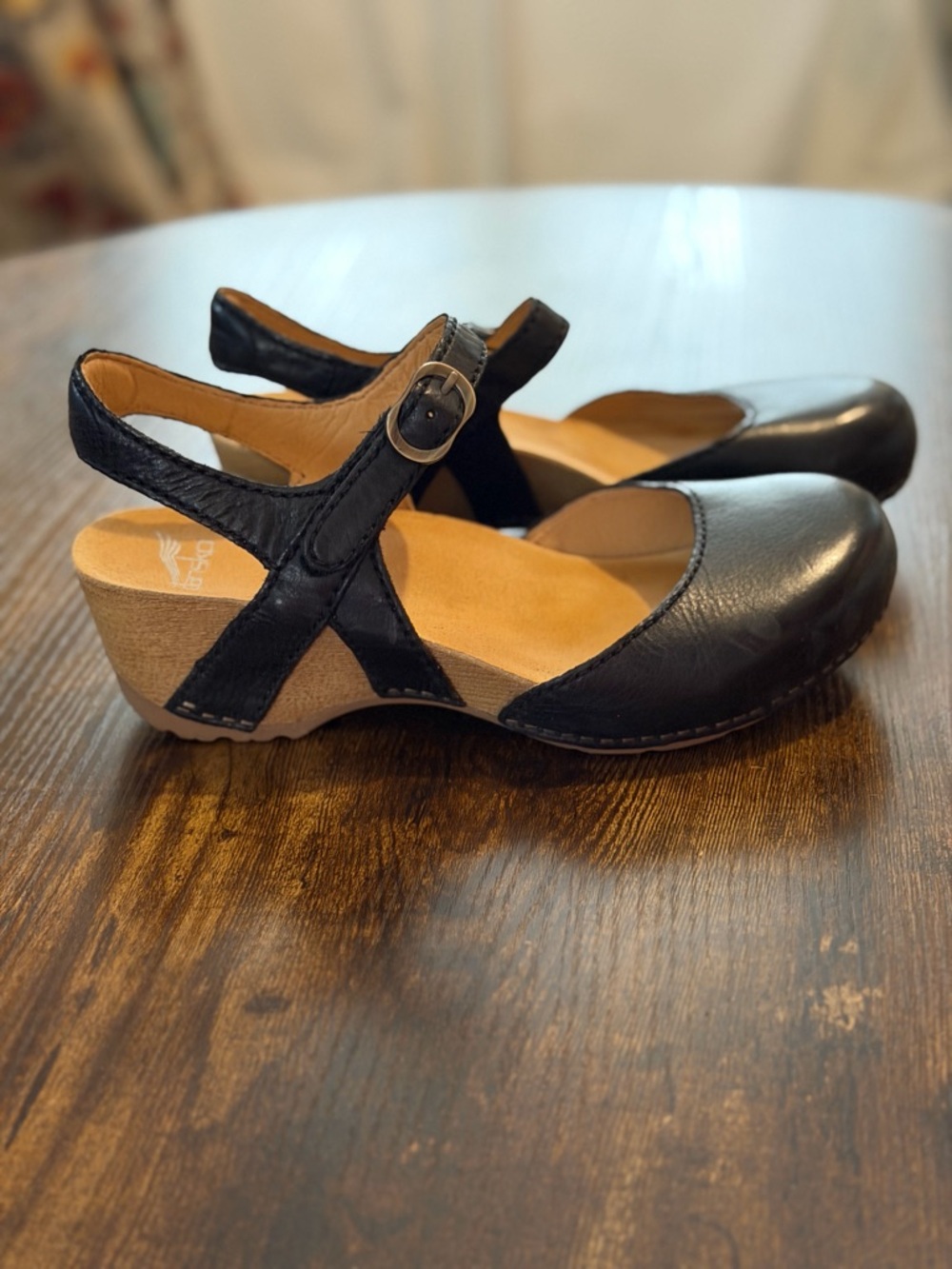 Dansko Black Leather Slingback Wedge Mary Jane Sandals